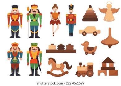 Set Wooden Toys Nutcracker, Ballerina, Rocking Horse, Car and Whirligig. Train, Angel, Pyramid and Wheeled Duck with Block House Vintage Toys Isolated on White Background. Cartoon Vector Illustration