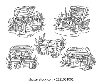 Juego de cofre de madera. Colección de cofres piratas con monedas de oro, joyas y barras de oro sobre la arena en algas. Ilustración vectorial de la caja de madera sobre fondo blanco. 