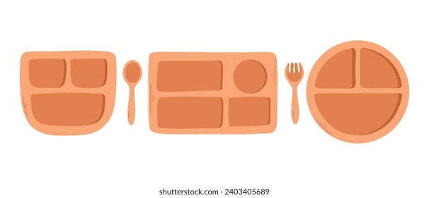 Set of wooden utensils for children vector. Set of children's dishes, children's dish in flat style.