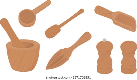 Set of wooden utensils.  Kitchen tools, lemon squeezer, grinding bowl, honey stick dipper, scoop, scale spoon, salt and pepper grinder. Hand drawn illustration vector.	