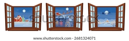 Set of wooden vector windows. Christmas window. Christmas Open Window Set.  Christmas tree, Christmas Village. Set of decorations vector.
