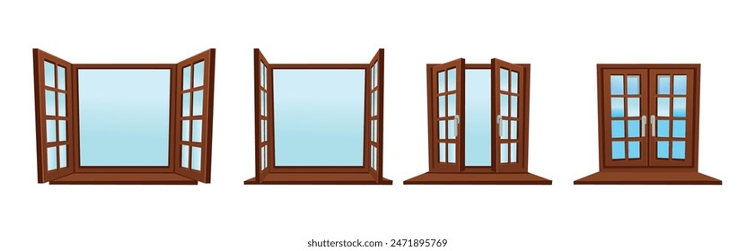 Set of wooden vector windows. Open and closed. For animation, cartoon. Vector illustration in flat cartoon line style.