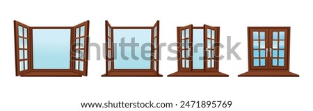 Set of wooden vector windows. Open and closed. For animation, cartoon. Vector illustration in flat cartoon line style.