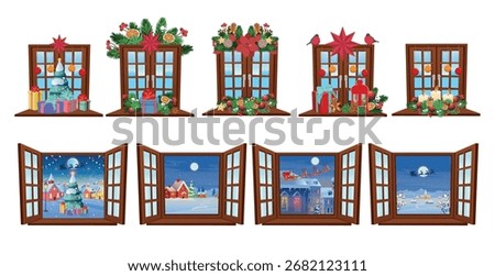 Set of wooden vector windows. Open and closed window. Set of closed windows decorated for Christmas. Christmas tree, lanterns, cones, gifts. Christmas party. Set of decorations vector.