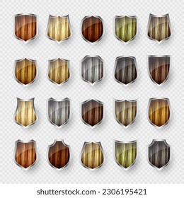 Set of wooden vintage shield icons. Black heraldic shields. Protection and security symbol, label. Vector illustration
