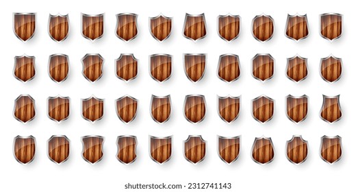 Set of wooden vintage shield icons. Black heraldic shields. Protection and security symbol, label. Vector illustration