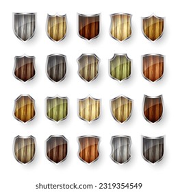Set of wooden vintage shield icons. Black heraldic shields. Protection and security symbol, label. Vector illustration