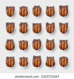 Set of wooden vintage shield icons. Black heraldic shields. Protection and security symbol, label. Vector illustration