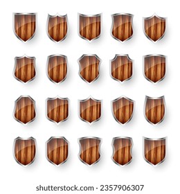 Set of wooden vintage shield icons. Black heraldic shields. Protection and security symbol, label. Vector illustration