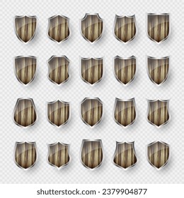 Set of wooden vintage shield icons. Black heraldic shields. Protection and security symbol, label. Vector illustration