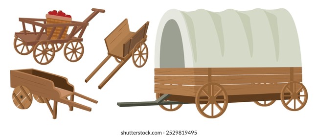 Set of wooden wagons and carts in cartoon style. Vector illustration of a large wagon with a semicircular roof, a cart with wheels, a basket with red apples isolated on a white background. Wild west.