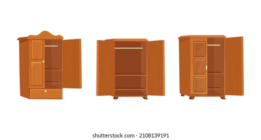 Set Wooden wardrobe empty furniture with shelf in cartoon style isolated on white background. Cupboard, drawer interior object.