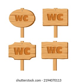 Set of wooden WC signs vector illustration in cartoon style. Rough restroom signs made of Wooden bricks. Toilet guidepost