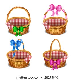 Set of wooden wicker baskets with bows, isolated on a white background. Vector illustration