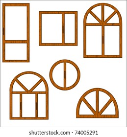 Set of wooden windows of the different form on a white background