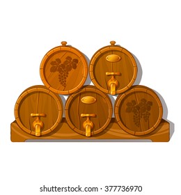 A set of wooden wine barrels. Vector.