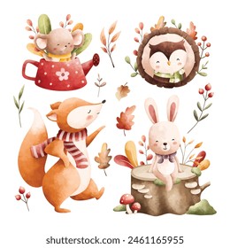 Set of Woodland Animals in Autumn Season