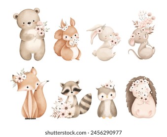 Set of Woodland Animals and Flowers