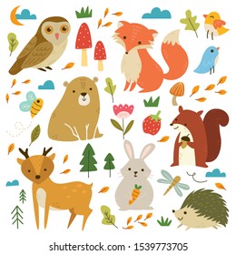 Set of woodland animals vector illustration including owl, fox, bear, squirrel, deer, rabbit and hedgehog, suitable for scrapbooking, pattern design, card, fabric printing  