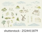 Set. Woodland. Architectural elements. Vector vintage illustration. Colorful. NOT AI generated