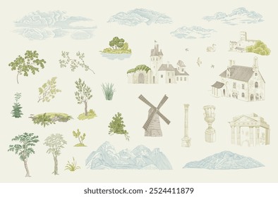 Set. Woodland. Architectural elements. Vector vintage illustration. Colorful. NOT AI generated