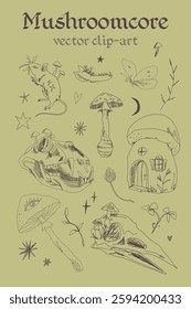 Set of woodland fairytale fantasy characters, animal sculls, bird scull, mushrooms and floral elements, mouse, horror folk doodle style vertical bundle set on background. Vertical composition flat