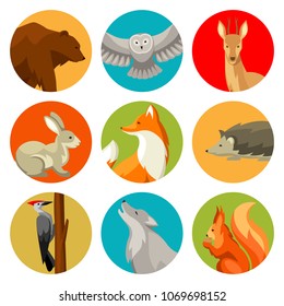 Set of woodland forest animals and birds. Stylized illustration.