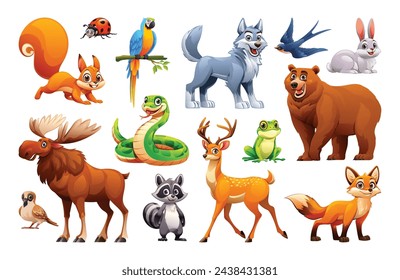 Set of woodland forest animals. Vector cartoon illustration