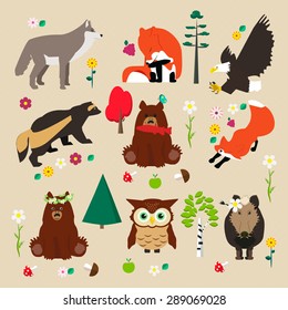 Set of woodland. Some trees: birch, pine, fir; flowers, mushroom and animal: wolf, fox, eagle, wolverine, bear, owl, boar. Vector illustration.