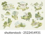Set. Woodland. Toile inspired. Vector vintage illustration. Green. NOT AI generated