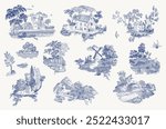 Set. Woodland. Toile inspired. Vector vintage illustration. Blue and white. NOT AI generated