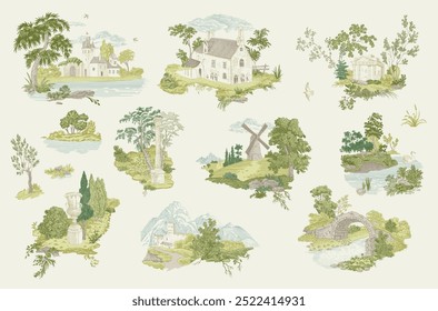 Set. Woodland. Toile inspired. Vector vintage illustration. Green. NOT AI generated