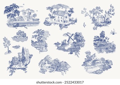 Set. Woodland. Toile inspired. Vector vintage illustration. Blue and white. NOT AI generated