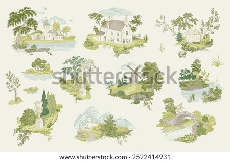 Set. Woodland. Toile inspired. Vector vintage illustration. Green. NOT AI generated
