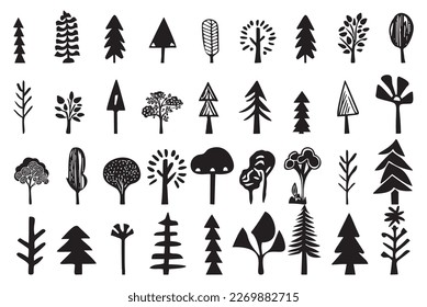 Set of woodland tree vector motifs. Collection of botanical forest illustrations.