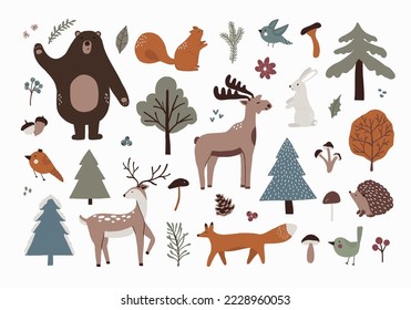 Set of woodland wild forest animals. Cute Scandinavian cartoon deer, bear, moose, squirrel, bird, fox, hedgehog, rabbit and spruce trees, berry, mushrooms. Vector illustration in hand drawn flat style