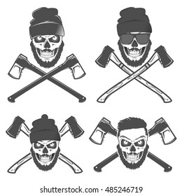 Set or woodman skull for t shirt and tattoo lumberjack vinage style,emblems and logo.
