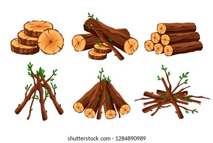 Set of woodpile, brushwood, firewood hut, stacks wooden logs and branches isolated on white background. Timber pile for bonfire design elements -flat vector illustration