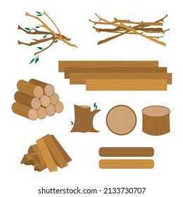 Set of woods in cartoon style. Vector illustration of woodworking industry on white background. Types of woods in the picture firewood, branches, boards, logs and hemp.