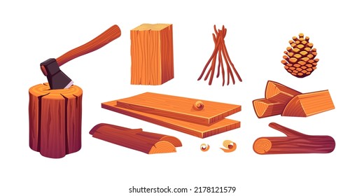 Set of woods, wooden logs, flat slices, axe in stump, cut tree trunk and pine cone isolated design elements. Rectangular log pieces, manufactured planks, campfire, Cartoon vector illustration