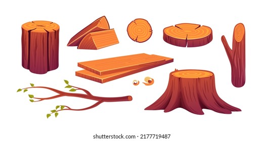 Set of woods, wooden logs, round slices and stump, tree branch with leaves, cut trunk isolated design elements. Circular log pieces, manufactured planks, cartoon vector illustration