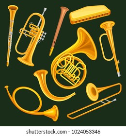 Set of woodwind and brass musical instruments. Clarinet, trumpet, harmonica, wooden pipe sopilka , french horn, hunting horns, trompette, trombone. Flat vector design