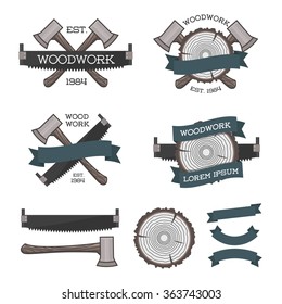 Set of woodwork label with saw, ax and tree ring. Posters, stamps, banners and design elements. Vector illustration. Wood work and manufacture label templates. Flat style