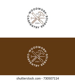 Set of woodwork logo with hammer and nail isolated on background for carpentry service, wood master and sawmill service. Stamp, banner. Wood work and manufacture template. Vector illustration