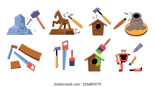 set of woodworker tools hobby vector illustration