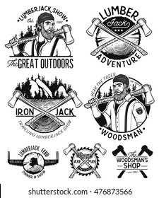 Set of woodworkers, lumberjack, sawmill service monochrome vector labels, emblems and logos isolated on white background.Lumberjack mascot holding the axe.