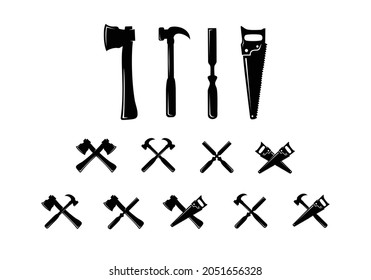 Set of woodworking, carpentry tools equipment icon collection