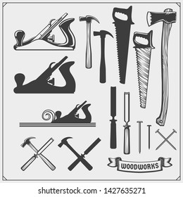 Set of woodworking and carpentry wood work tools. Carpentry Shop design. Black and white vector illustration.