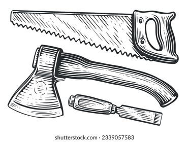 Set of woodworking and carpentry wood work tools. Hacksaw, axe, wood cutter. Sketch vector illustration