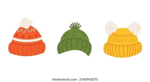 Set of Wool hats with pompom. Cute winter cap collection in flat style isolated on white background. Vector illustration.
